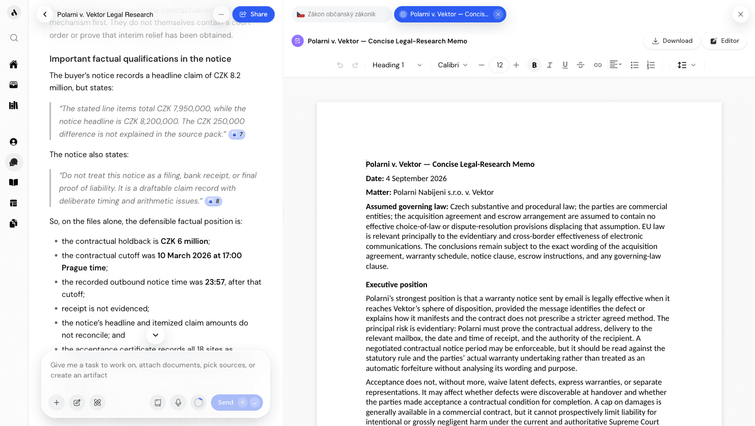 Aturno assistant drafting a legal document in the editor